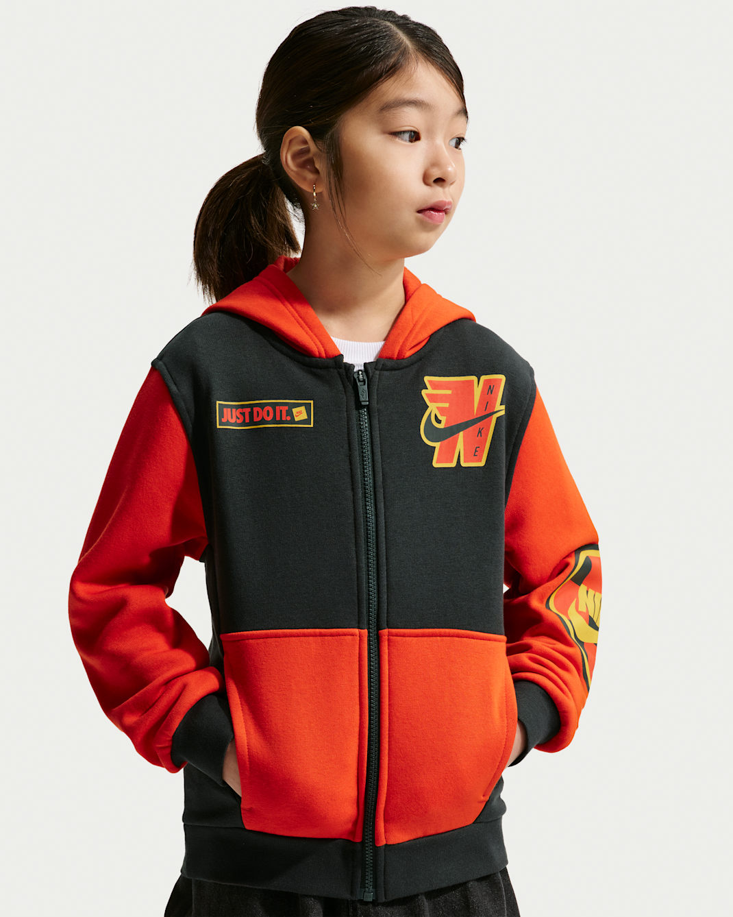 Nike Sportswear Club Big Kids' Fleece Full-Zip Hoodie - Off Noir/Picante Red/Yellow Ochre