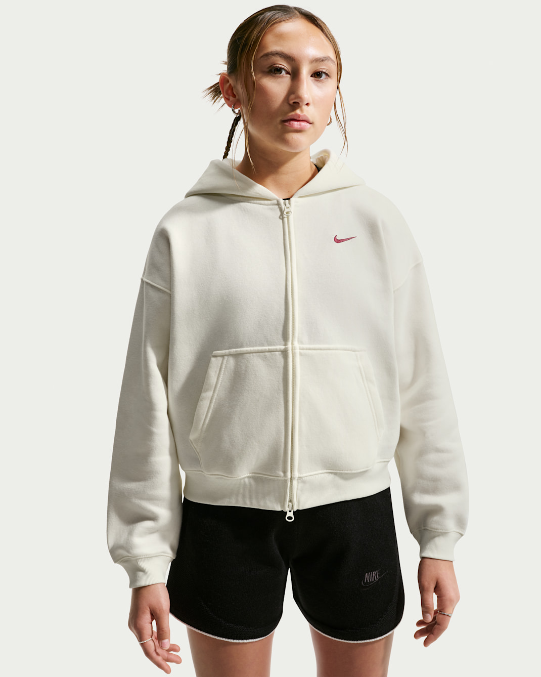 Sweat oversize à capuche et zip Nike Sportswear Studio Fleece pour ado (fille) - Sail/Pink Smoke