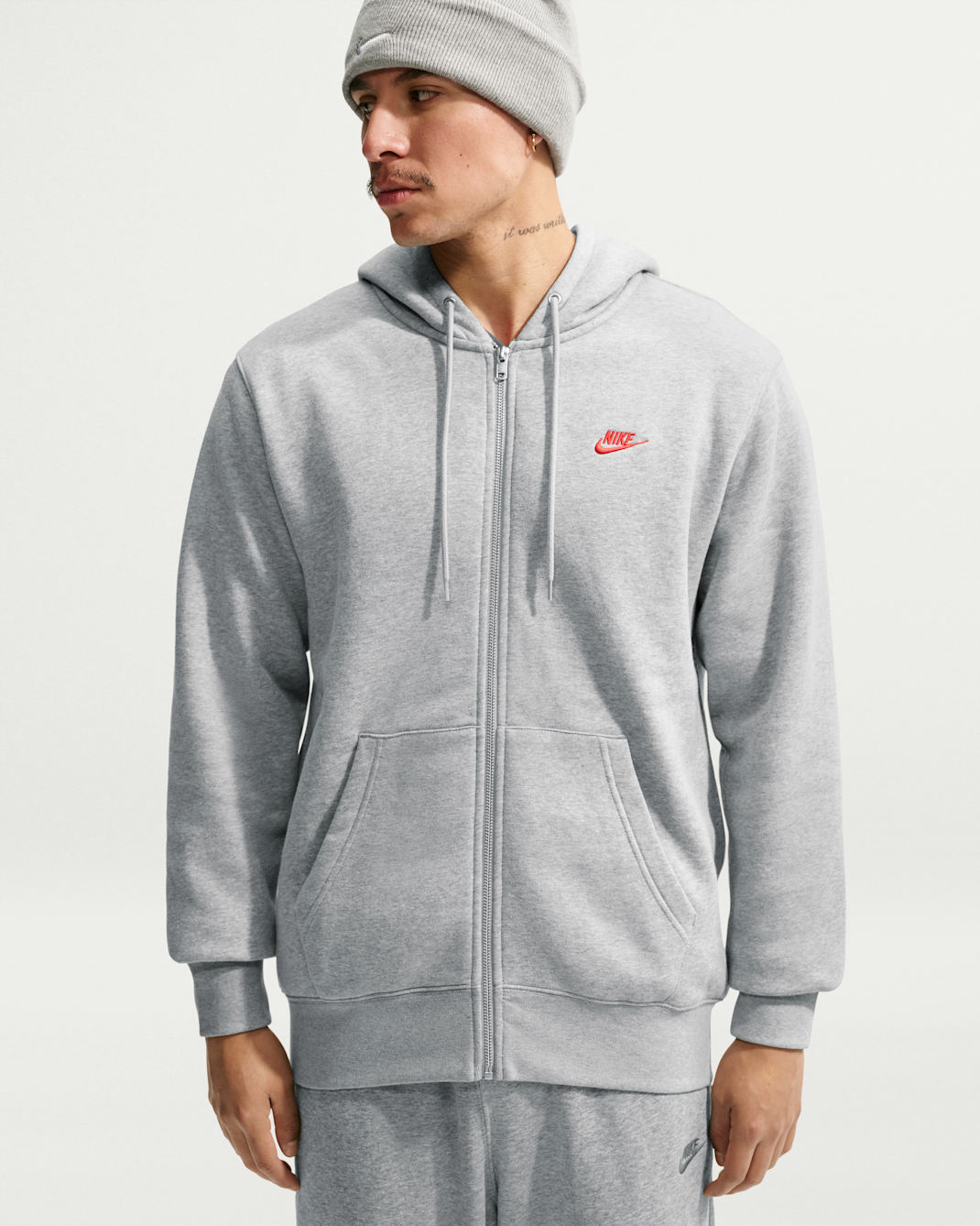 Nike Club Men's Full-Zip Fleece Hoodie - Dark Grey Heather/Light Smoke Grey/University Red