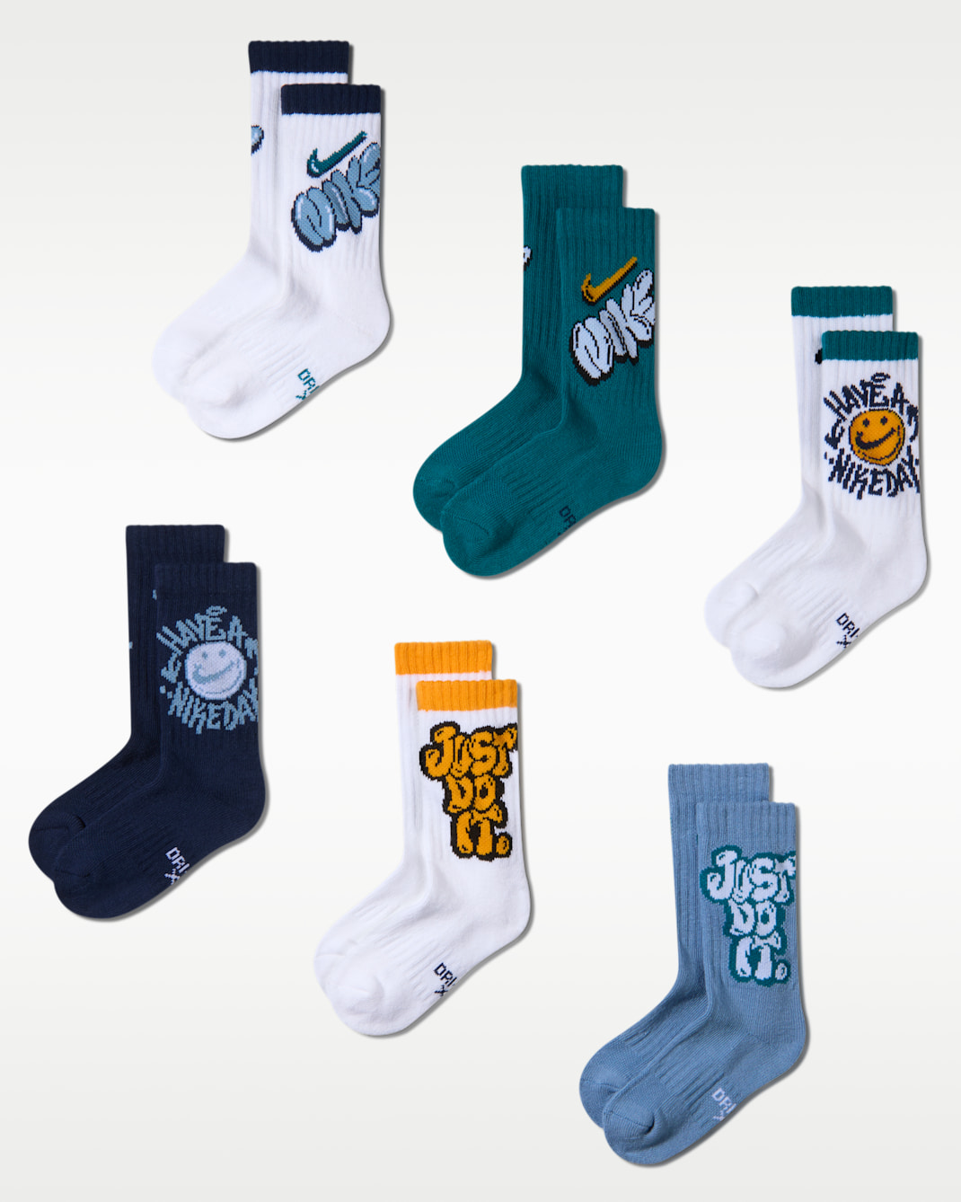 Nike Kids' Dri-FIT "Have a Nike Day" Graphic Crew Socks (6 Pairs) - White