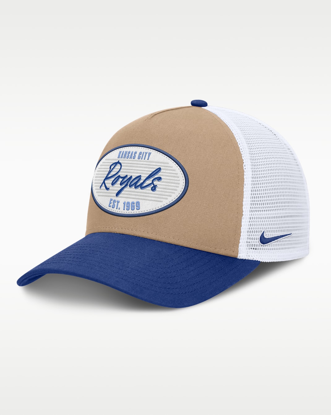 Kansas City Royals Rise Men's Nike MLB A-Frame Trucker Adjustable Hat - Khaki/Blue/Blue