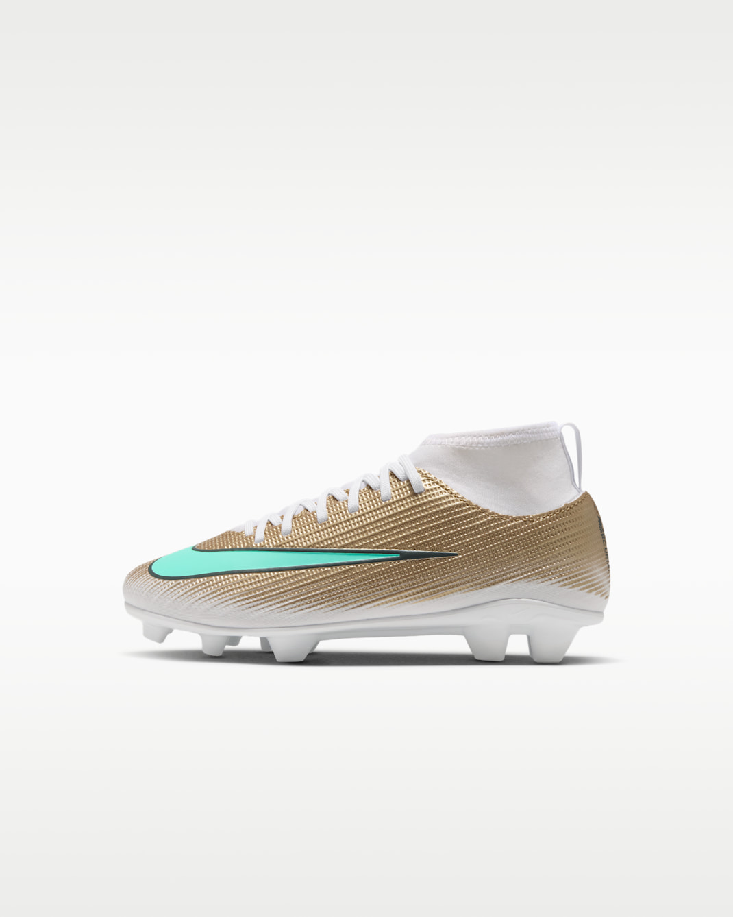 Tacos de futbol para terrenos múltiples de corte high para niños de preescolar Nike Jr. Mercurial Superfly 11 Club "Kylian Mbappé" - Oro metalizado/Verde resplandor