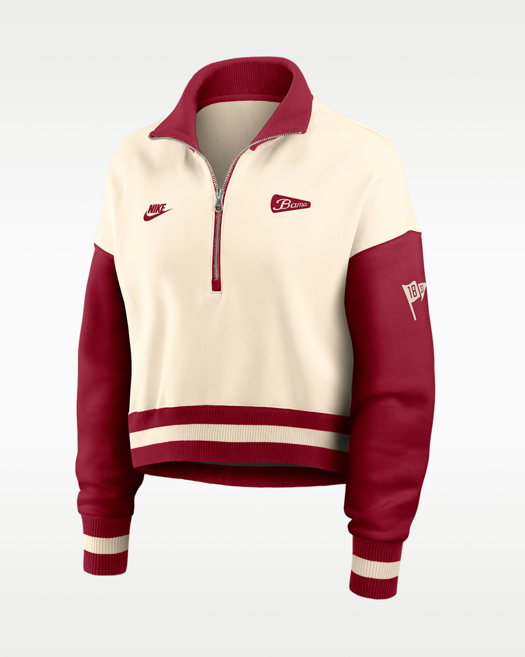 Alabama Legacy Women's Nike College Cropped Oversized 1/4-Zip Crew - Natural/Crimson