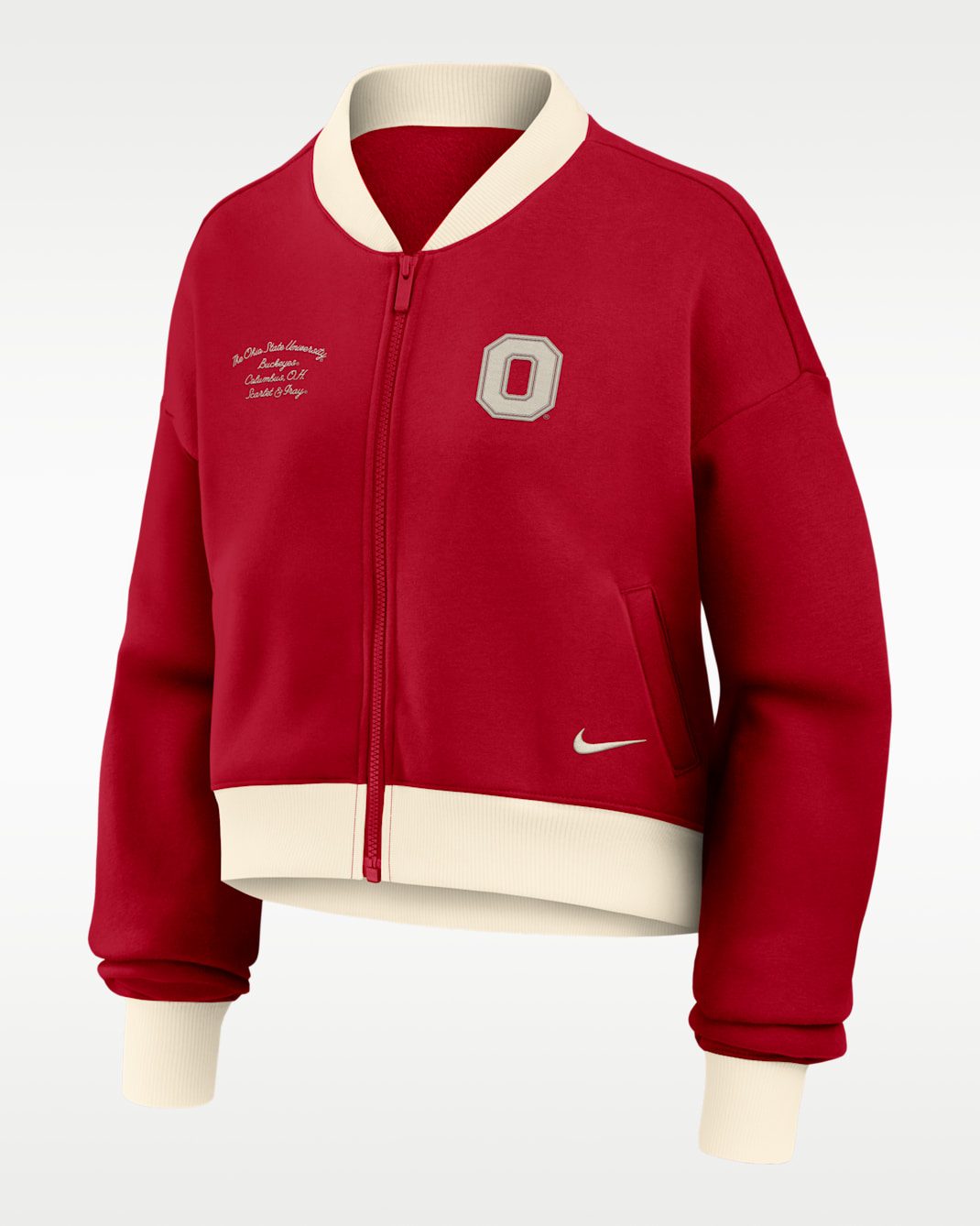 Ohio State Academic Women's Nike College Oversized Cropped Full-Zip Bomber Jacket - Red/Natural