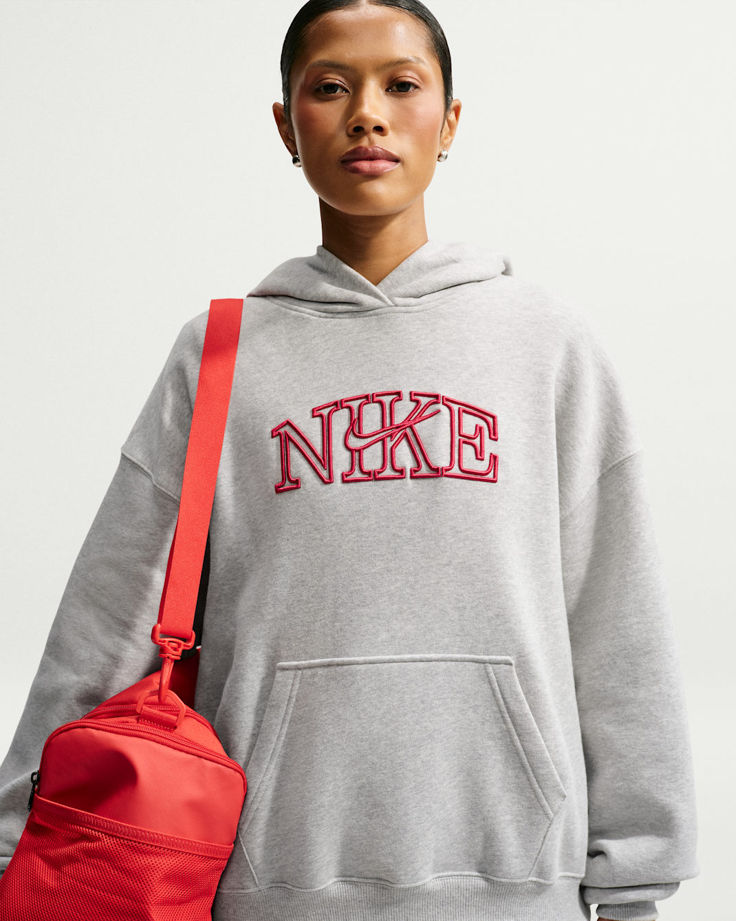 Nike Studio Fleece Medium Weight 'Graphic Pack' Women's Oversized Pullover Logo Hoodie - Wolf Grey/Heather/Tough Red