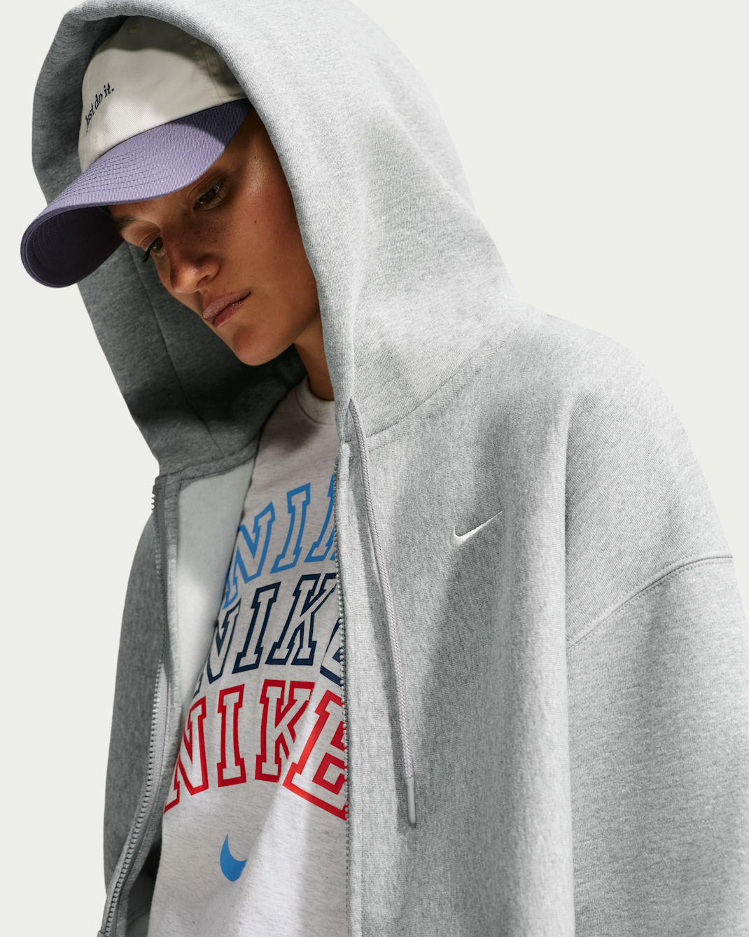 Ekstra stor Nike Studio Fleece Heavyweigth hettegenser med glidelås til dame - Dark Grey Heather/Sail