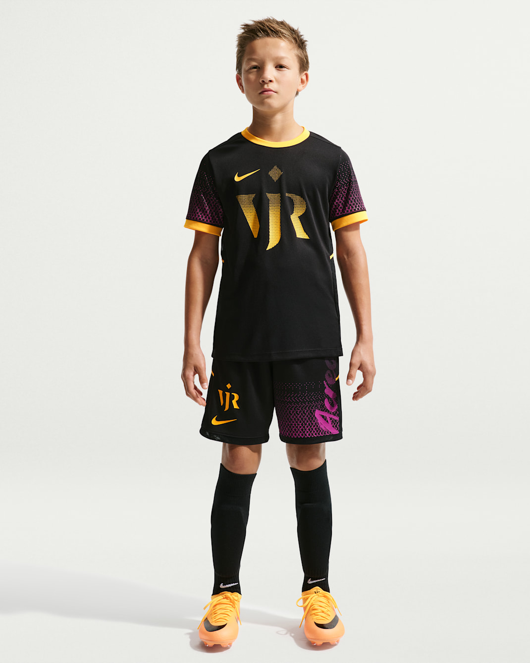 Vini Jr. Academy Big Kids' Nike Dri-FIT Soccer Shorts - Black/Laser Orange/Laser Orange