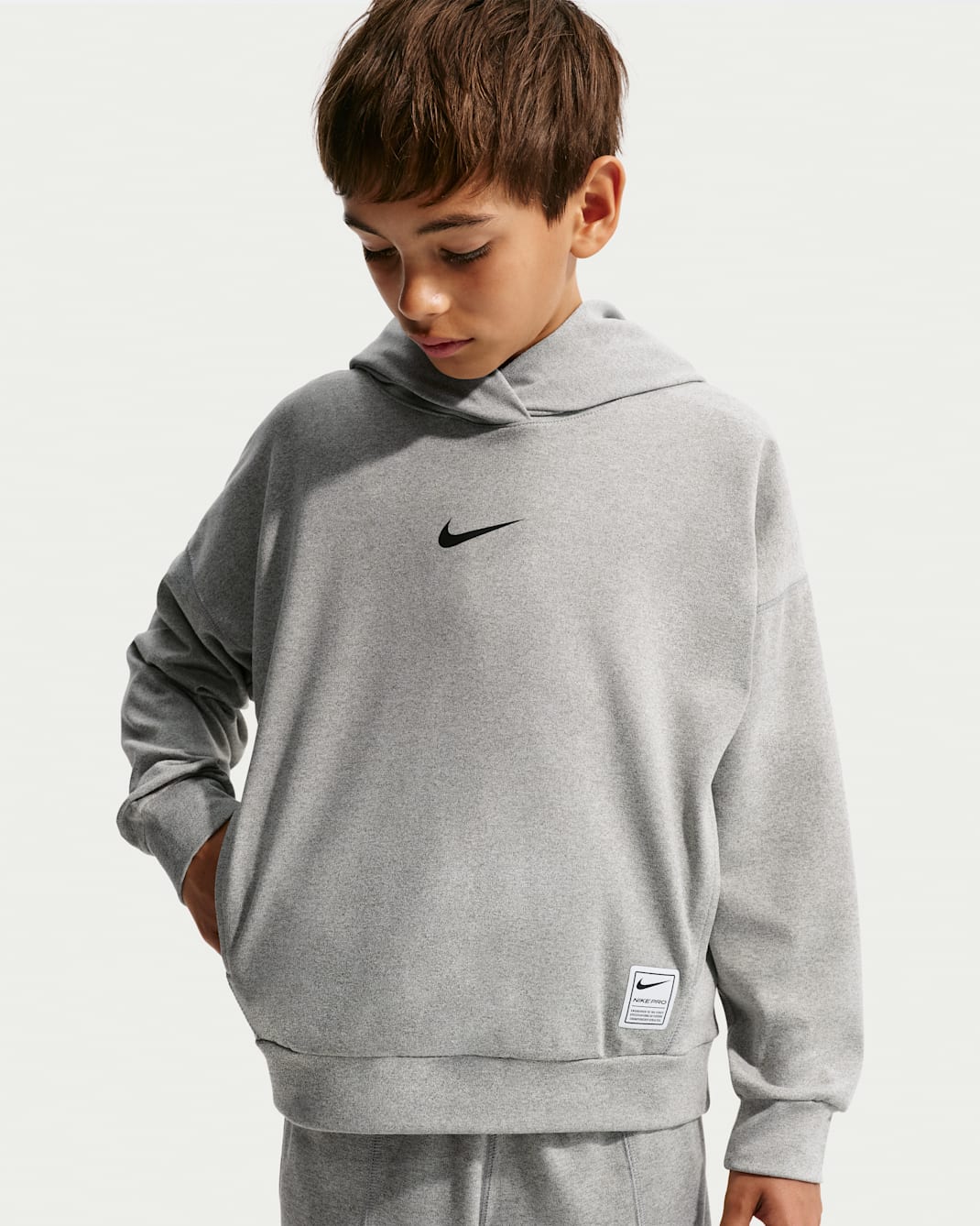 Nike Pro Big Kids' (Boys') Dri-FIT Fleece Pullover Hoodie - Dark Grey Heather/Black