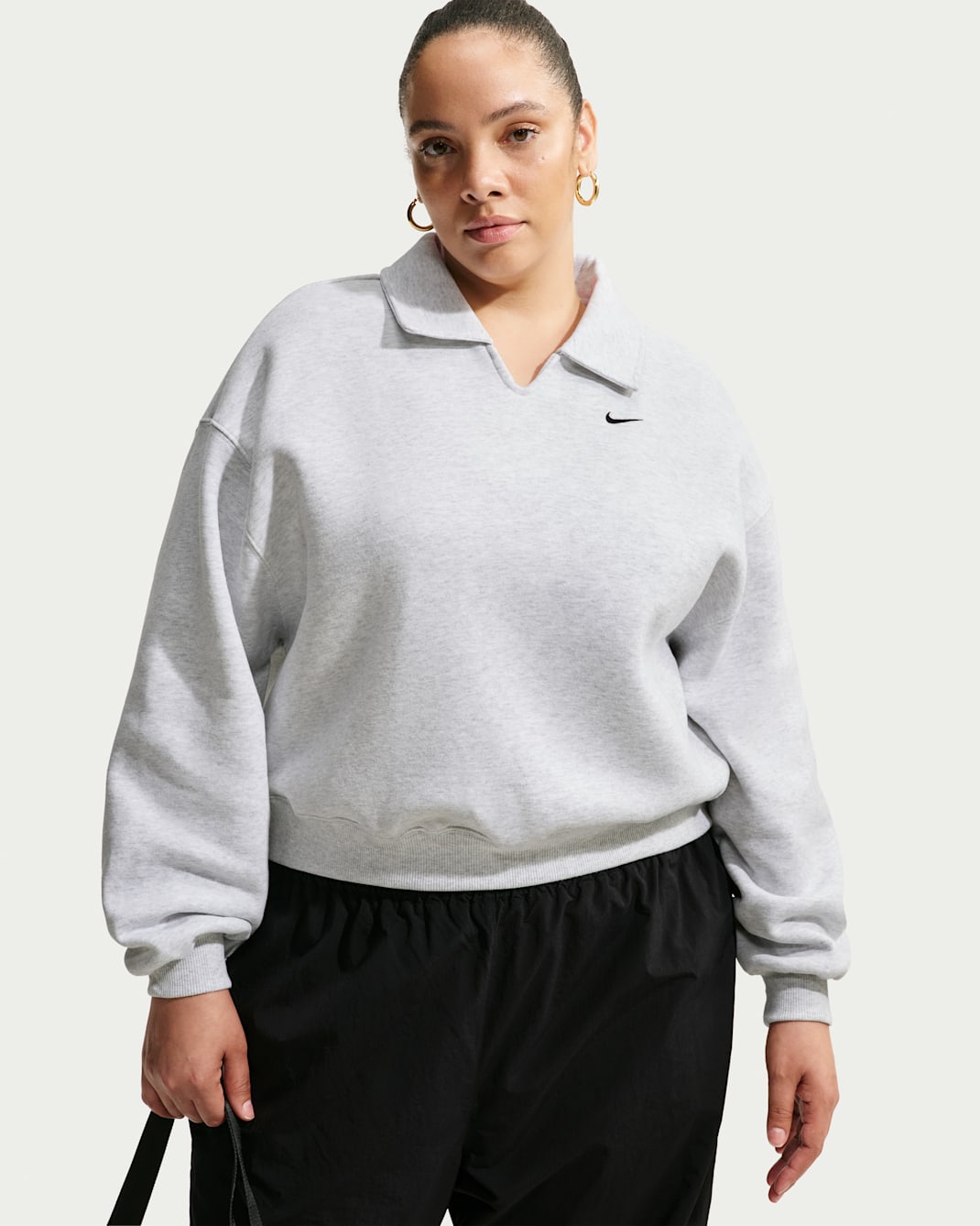 Nike Studio Fleece Medium Weight Women's Oversized Cropped Polo - Birch Heather/Black