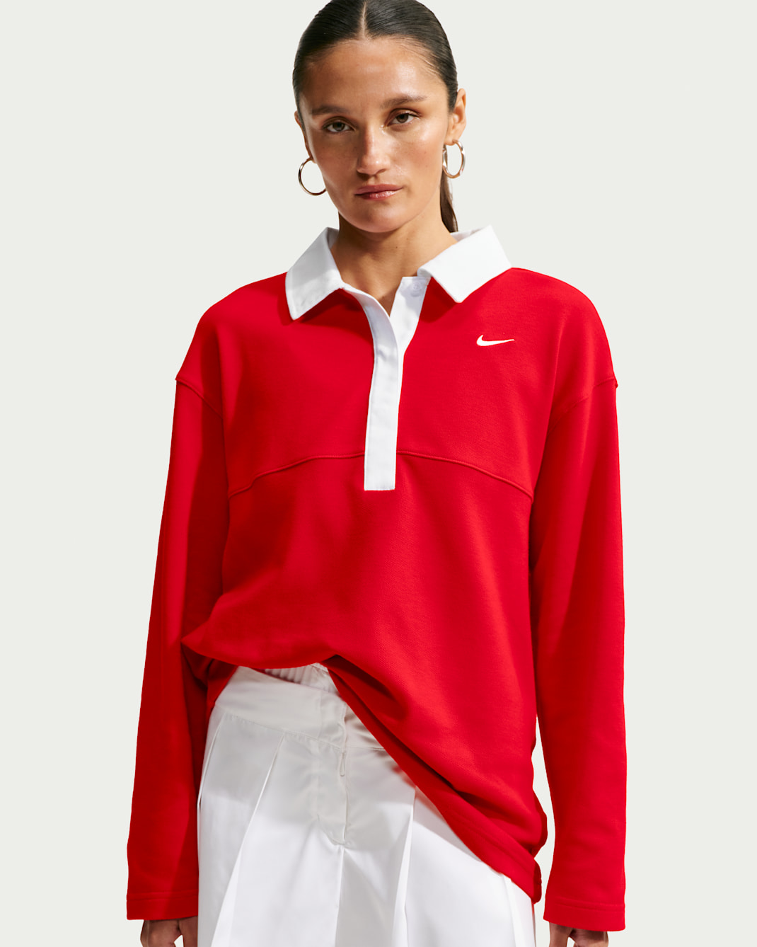 Polo de manga larga Nike Sportswear oversized para mujer - Rojo universitario/Rojo universitario/Rojo universitario/Blanco