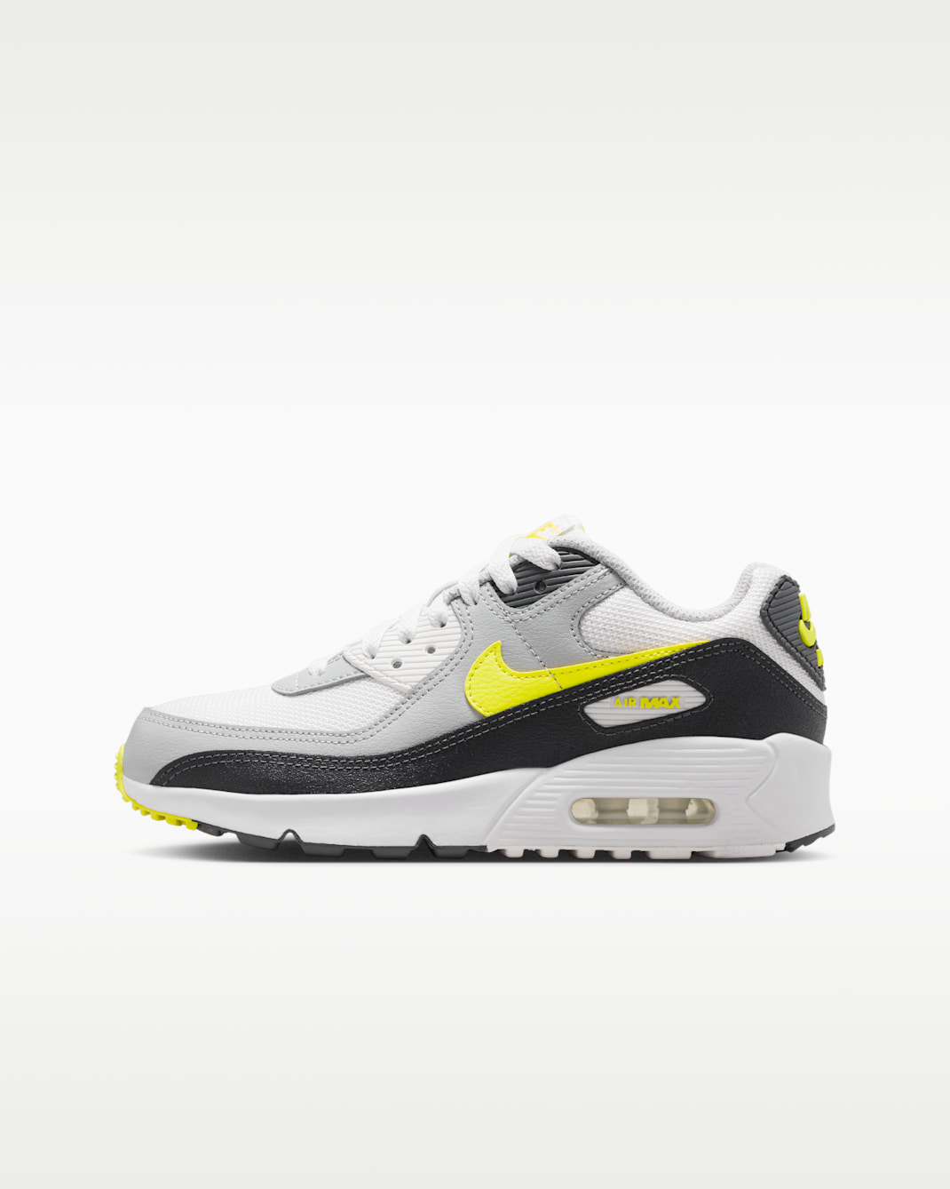 Tenis para niños grandes Nike Air Max 90 - Blanco cáscara de huevo/Gris humo oscuro/Gris humo claro/Amarillo sónico
