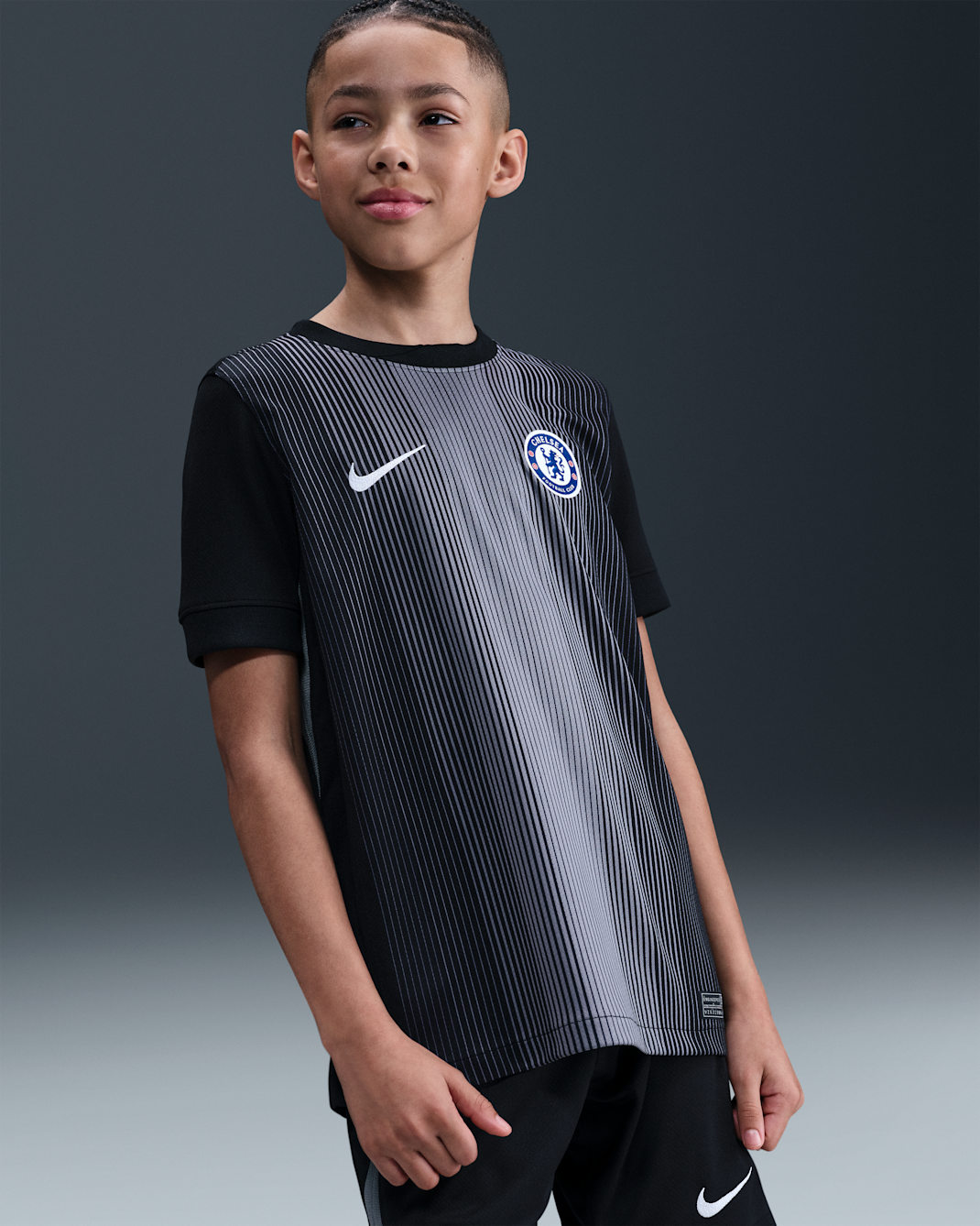 Maglia da calcio replica a manica corta Nike Dri-FIT Chelsea FC 2025/26 Stadium per ragazzo/a – Goalkeeper - Nero/Smoke Grey/Bianco