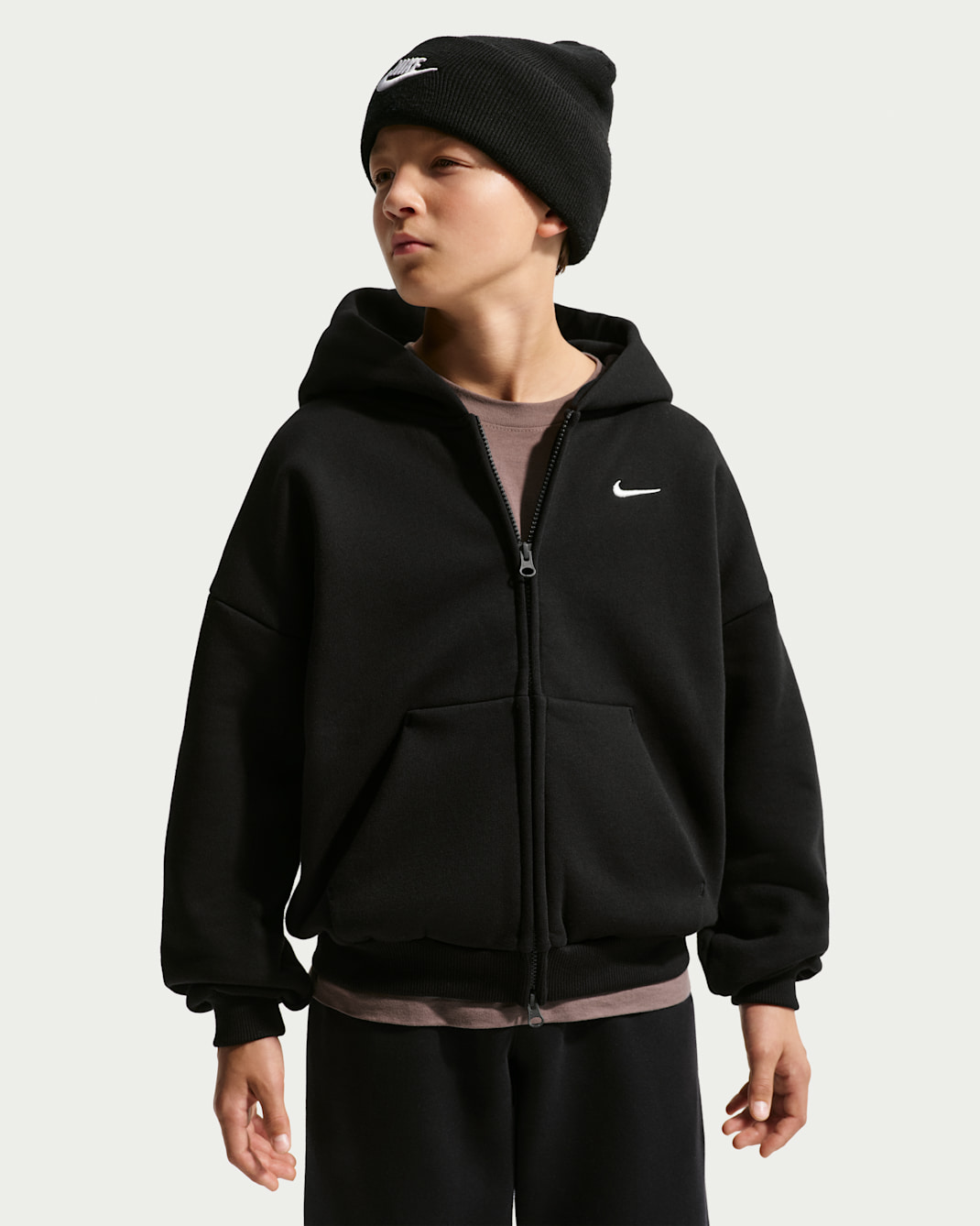 Sudadera con gorro de tejido Fleece de cierre completo para niños talla grande Nike Sportswear Solo Swoosh - Total Black/Vela