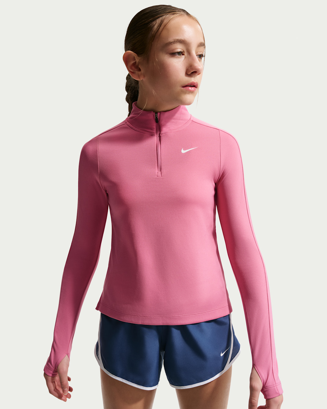 Nike Dri-FIT Uzun Kollu Çeyrek Fermuarlı Kız Çocuk Üstü - Peony/Beyaz