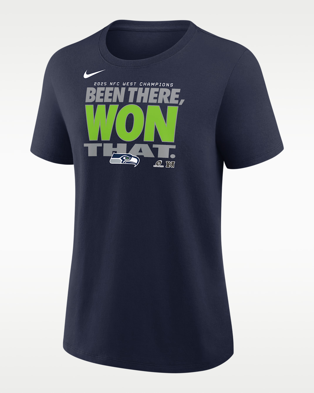 Seattle Seahawks 2025 NFC West Champions Trophy Women's Nike NFL T-Shirt - Navy