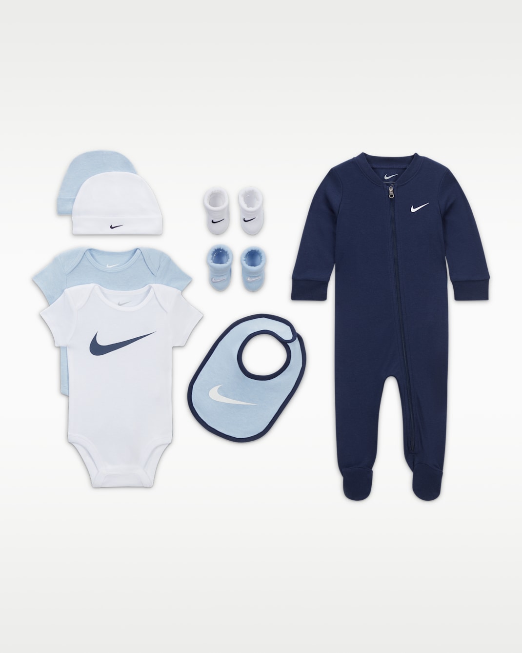 Conjunto de regalo de ocho piezas para bebé Nike - Azul marino medianoche/Blanco/Azul pólvora