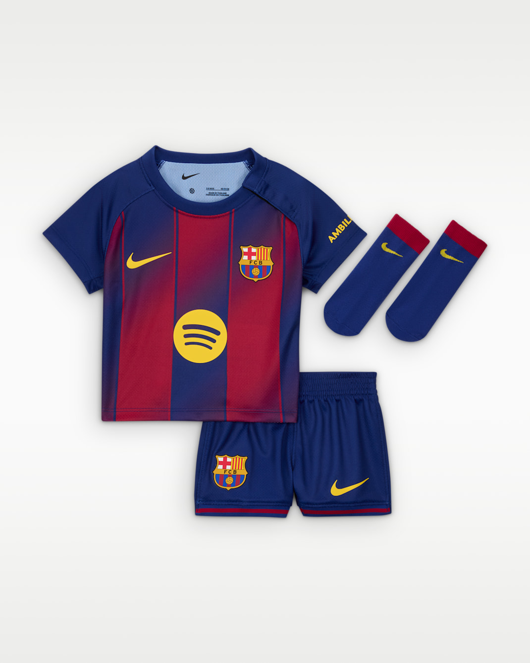 FC Barcelona 2025/26 Stadium (hjemmedrakt) Nike Football Replica draktsett i tre deler til sped-/småbarn - Deep Royal Blue/Deep Royal Blue/Noble Red/Midwest Gold
