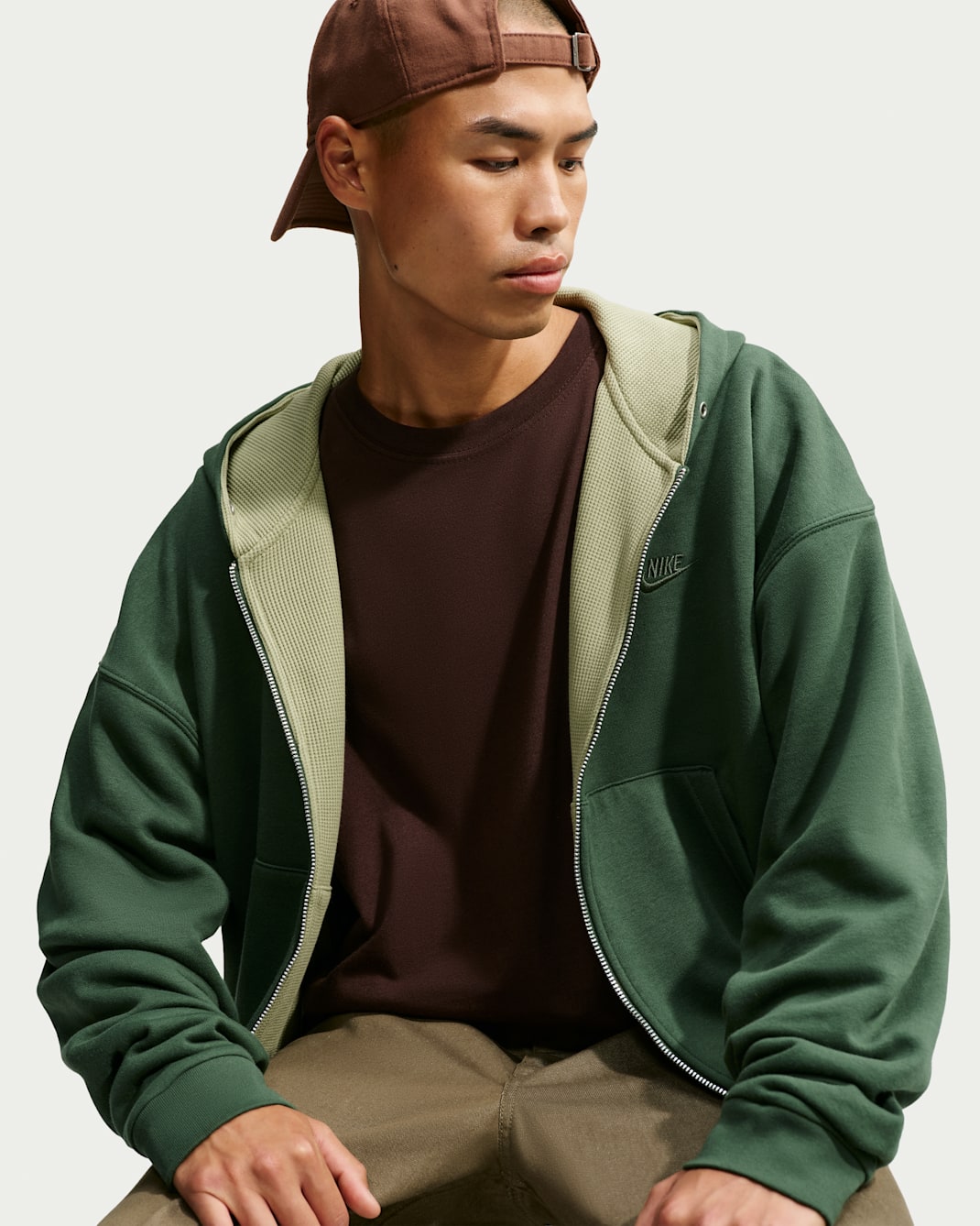 Nike Club Men's Oversized Fleece Full-Zip Reversible Hoodie - Fir/Dusty Olive/White