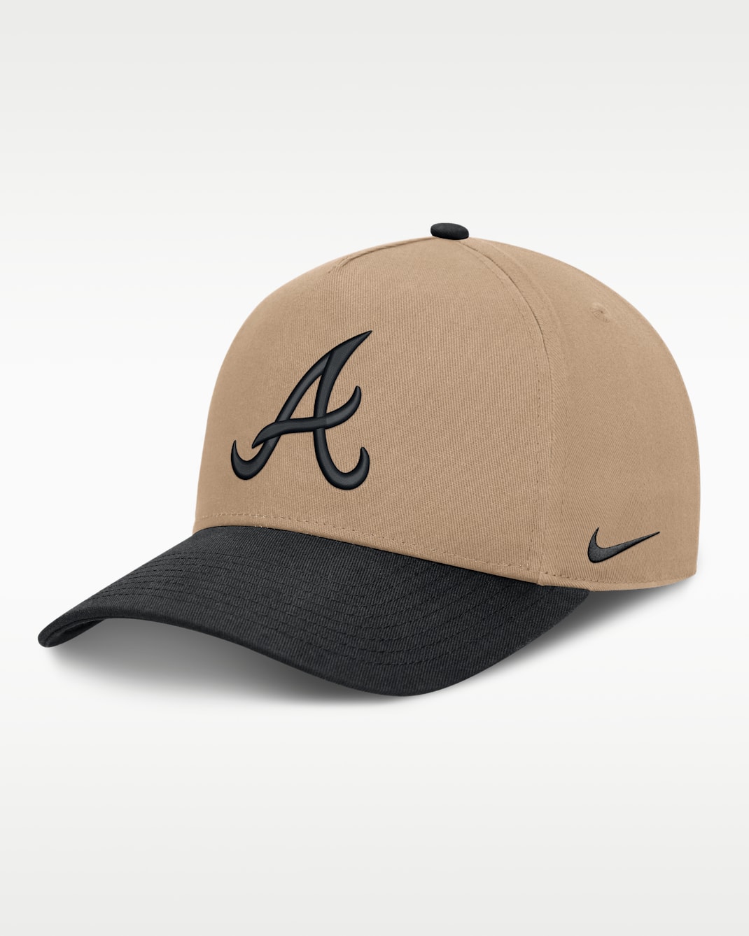 Gorra de rejilla Nike de la MLB ajustable y con estructura A-Frame para hombre Atlanta Braves Rise - Caqui/Negro/Negro