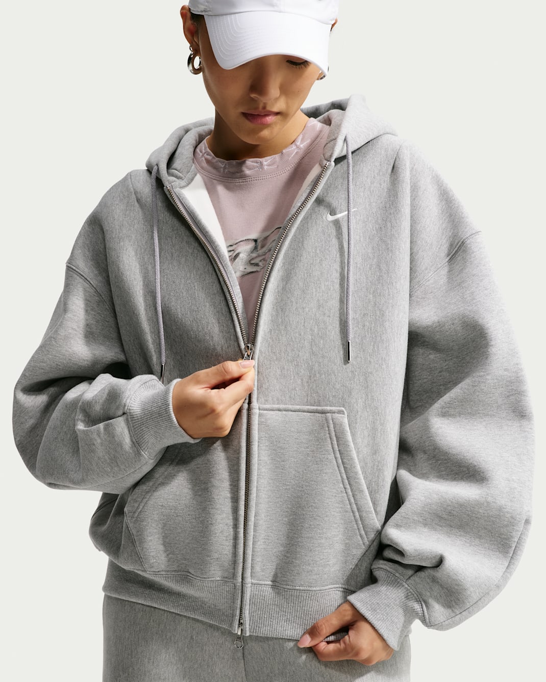 Nike Studio Fleece Heavyweight Women's Oversized Pleated Full-Zip Hoodie - Dark Grey Heather/Sail
