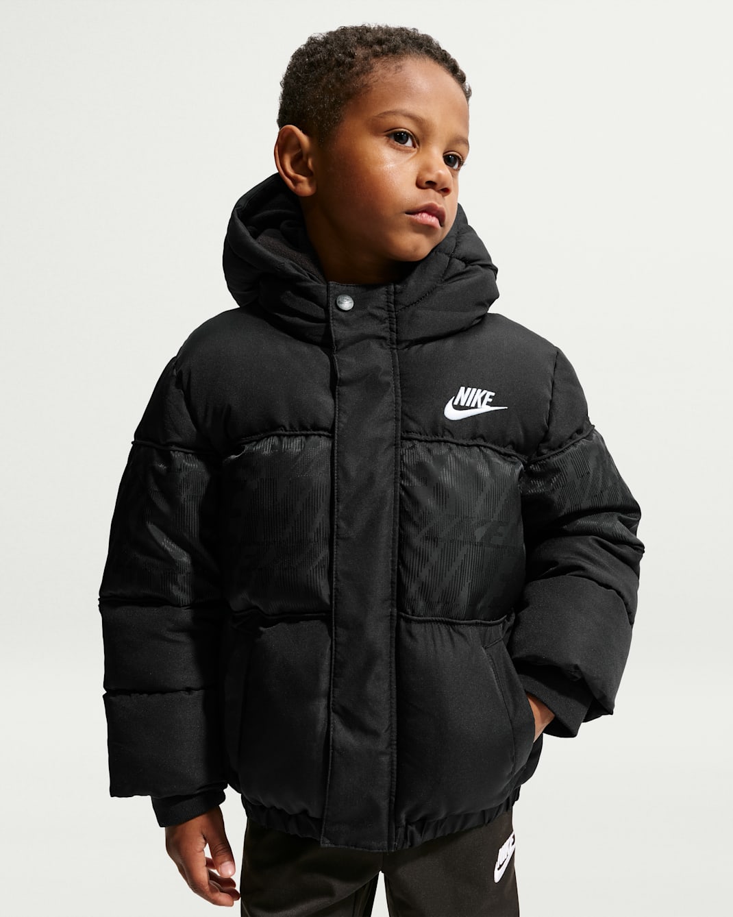 Nike Little Kids' Jacquard Logo Mixed Media Puffer Jacket - Black