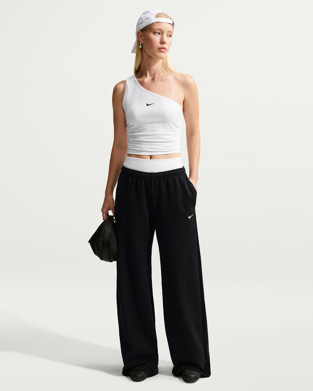 Pants de pierna ancha tiro medio para mujer Nike Studio Fleece "French Terry" ligeros - Total Black/Vela