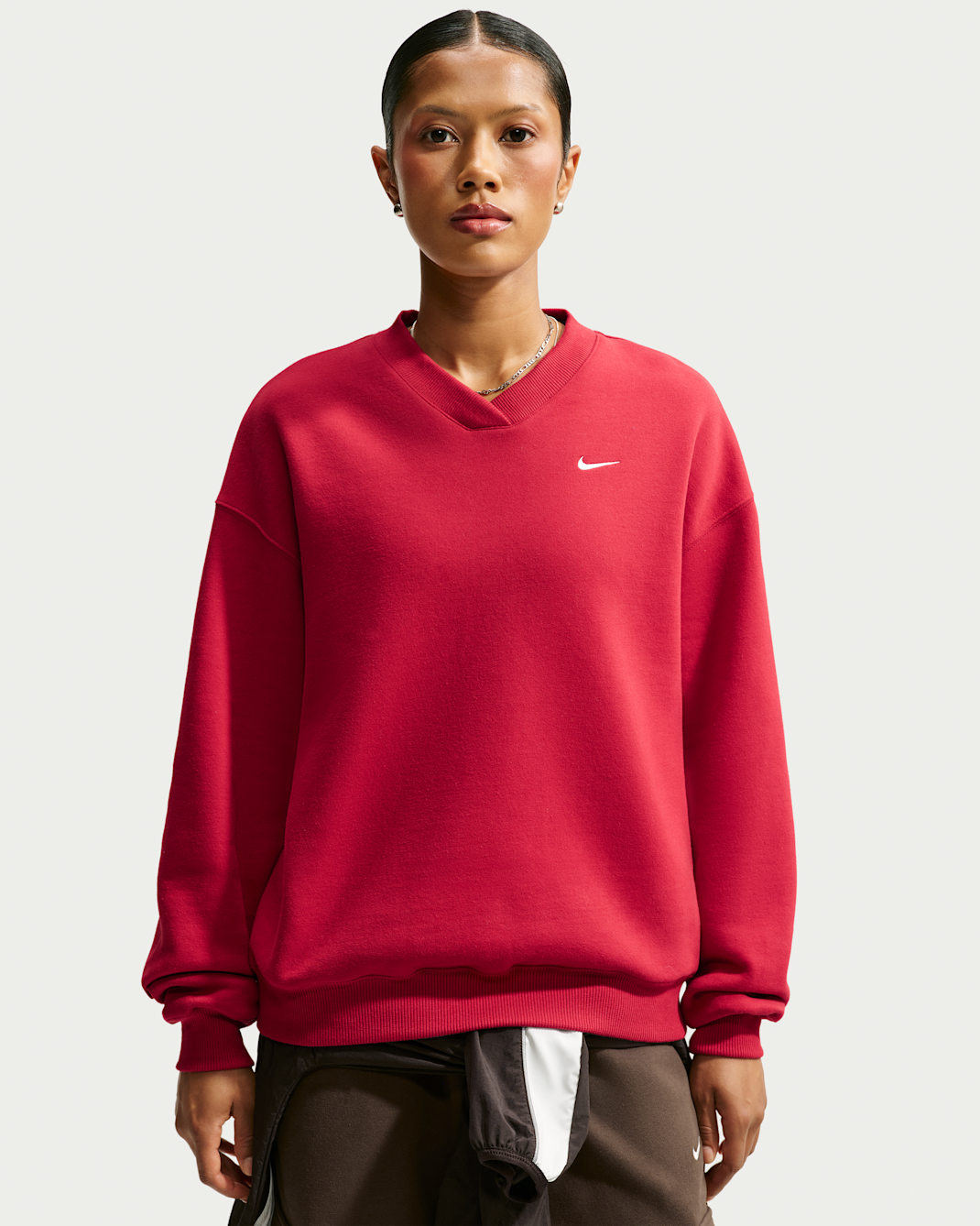Nike Studio Fleece Medium Weight Women's Oversized V-Neck Top - Tough Red/Sail