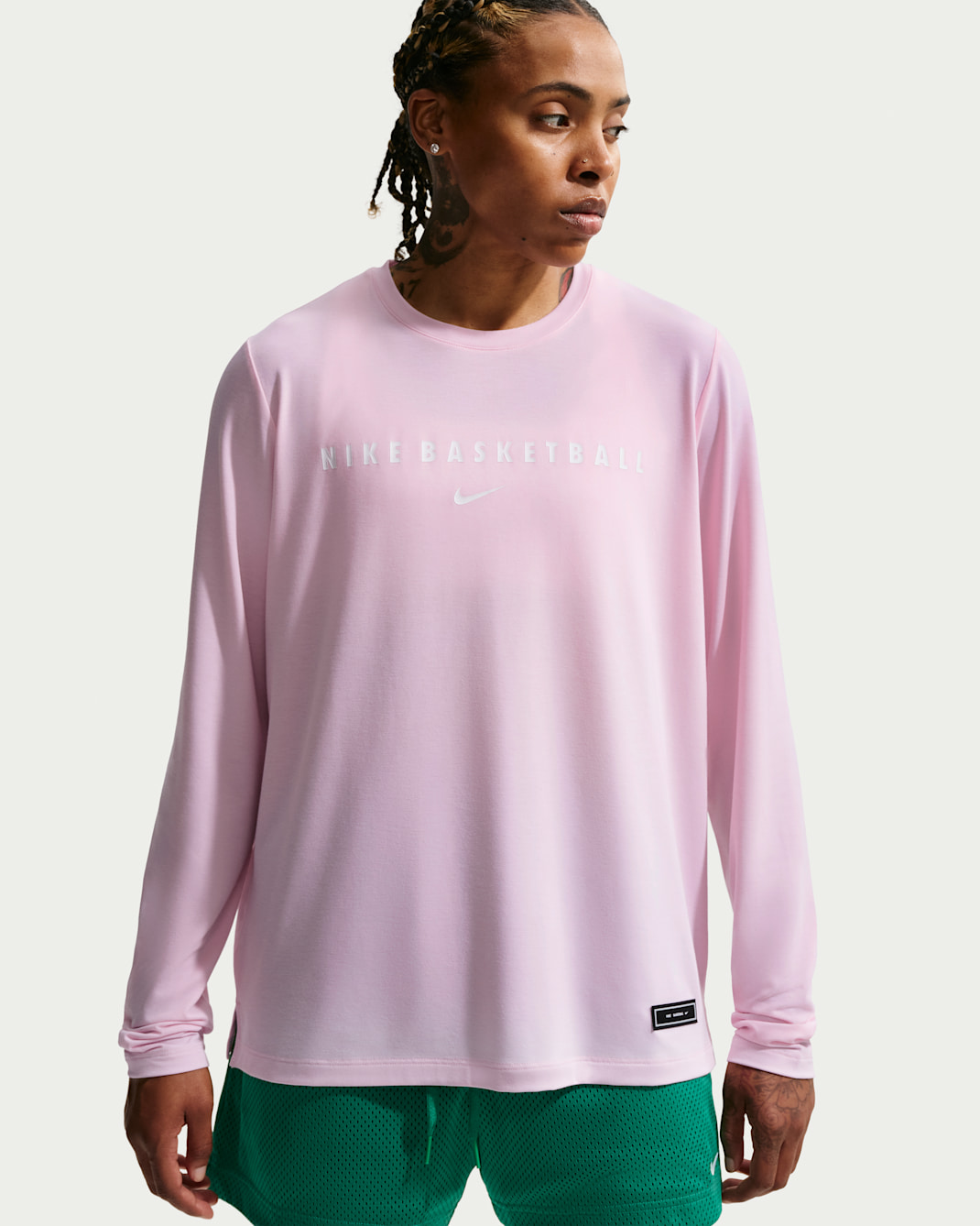 Playera de manga larga para calentamiento de básquetbol Dri-FIT para mujer Nike - Espuma rosa/Blanco