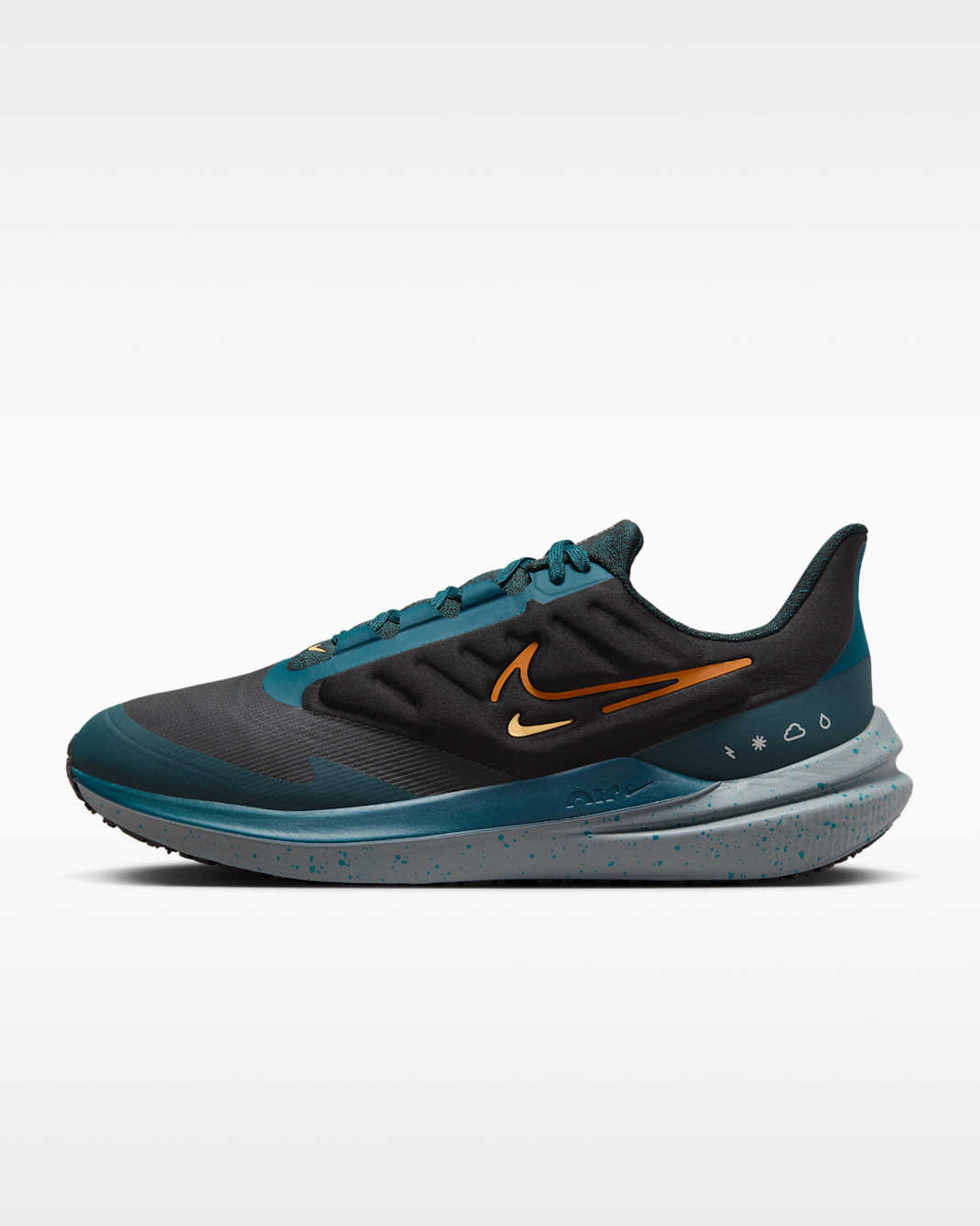 Tenis de correr en carretera acondicionados para los distintos estados del tiempo para hombre Nike Winflo 9 Shield - Negro/Azul verdoso geoda/Jungla intenso/Naranja seguridad