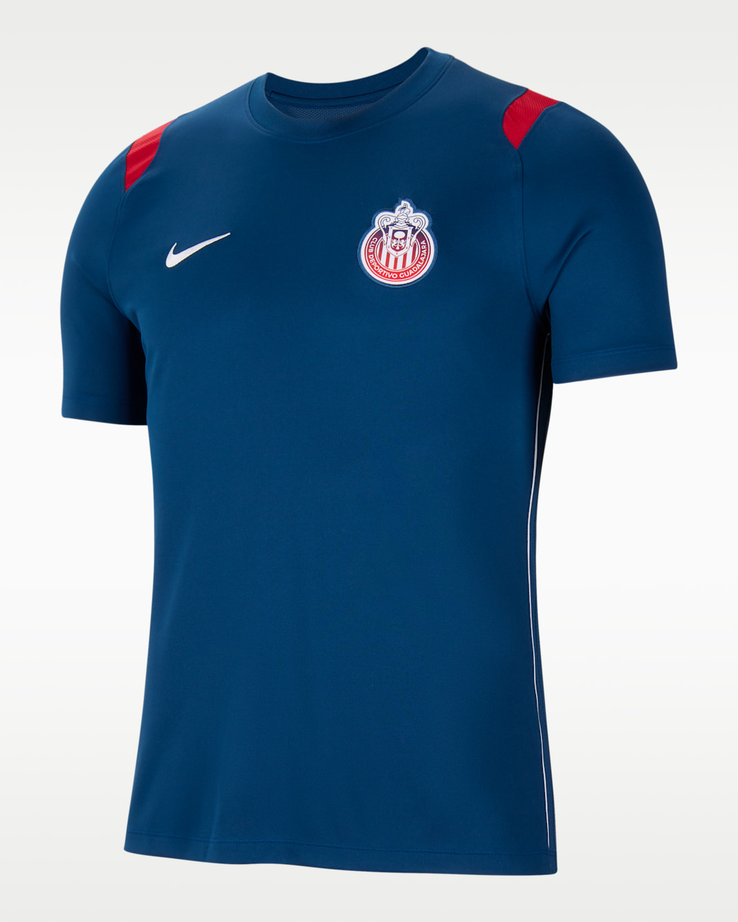 Playera de futbol de manga corta Nike en tejido Knit Dri-FIT del C.D. Guadalajara Academy Pro para hombre  - Azul valiente/Rojo gimnasio/Blanco