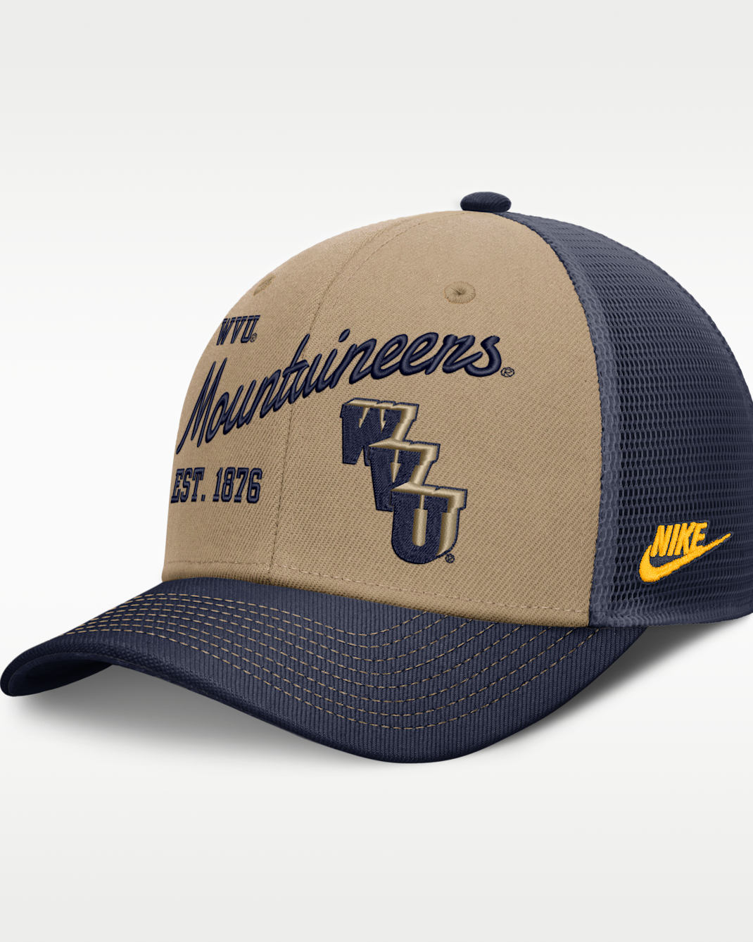 West Virginia Legacy Rise Men's Nike Dri-FIT College Trucker Adjustable Hat - Classic Beige/Navy