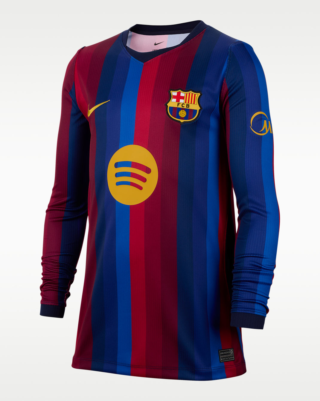 FC Barcelona 2026/27 Stadium Nike Dri-FIT langermet replika fotballdrakt til store barn (hjemmedrakt) - Deep Garnet/Blue Void/Blackened Blue/Mineral Yellow
