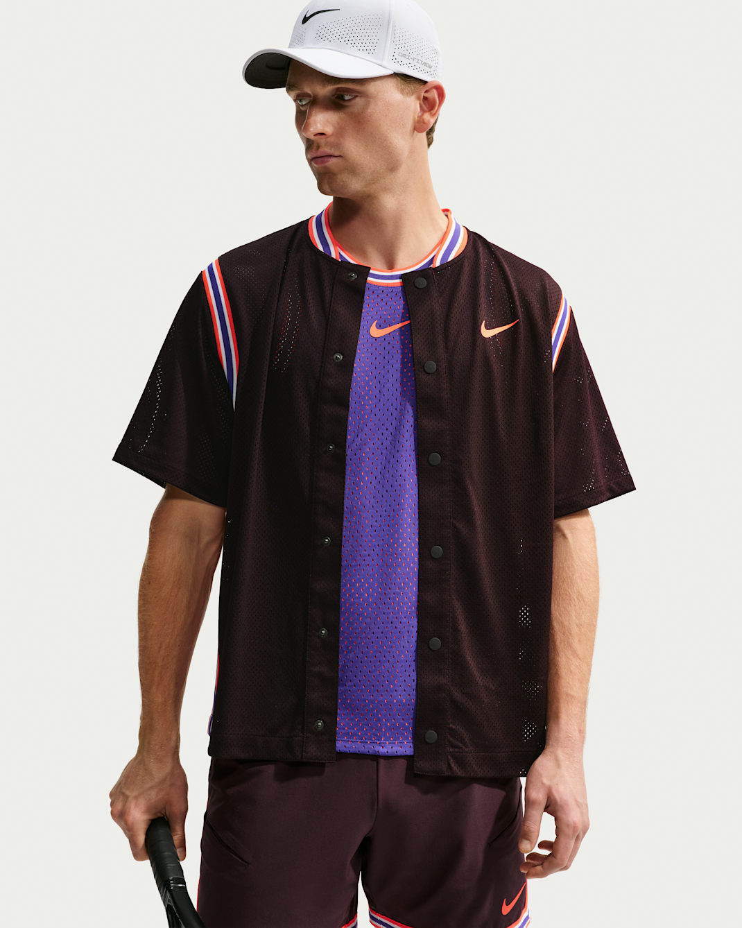 NikeCourt Slam Men's Dri-FIT Button-Up Tennis Top - Burgundy Ash/Bright Crimson