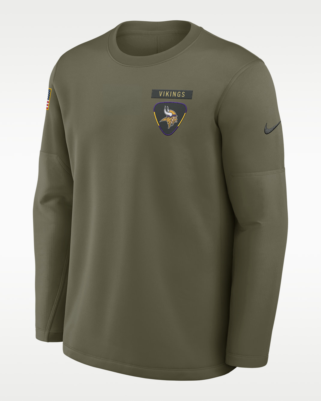 Sudadera de cuello redondo sin cierre Nike Dri-FIT de la NFL para hombre Minnesota Vikings Salute to Service Sideline Triumphant Win Coach - Oliva medio