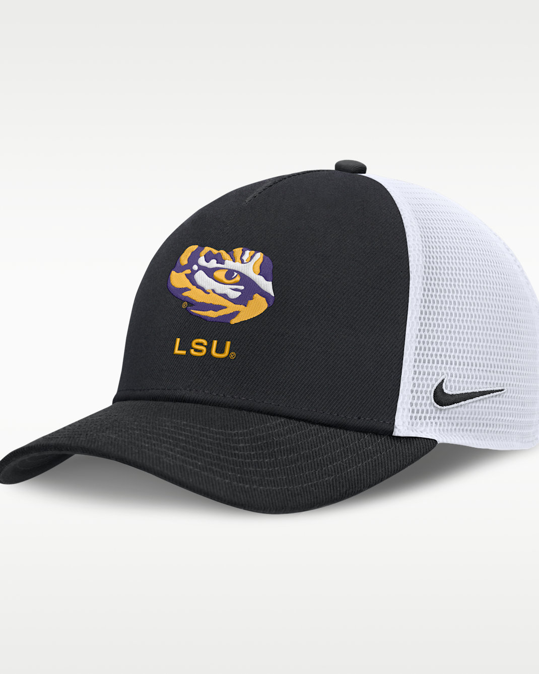 LSU Sideline Rise Gameday Men's Nike College Trucker Adjustable Hat - Black/White