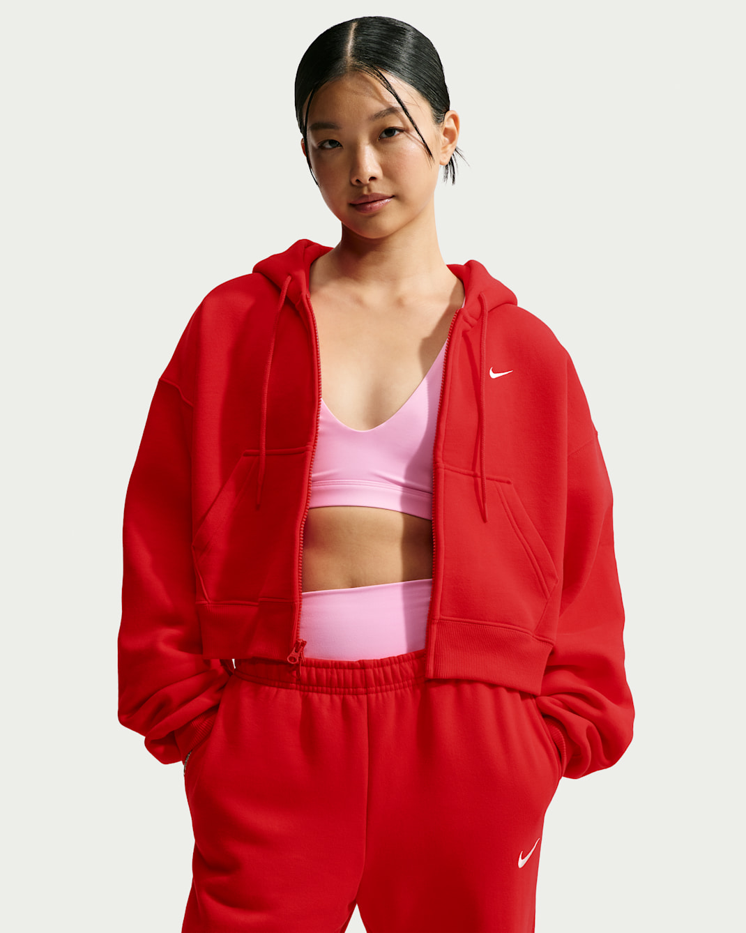 Nike Studio Fleece Medium Weight Women's Oversized Full-Zip Cropped Hoodie - University Red/Sail