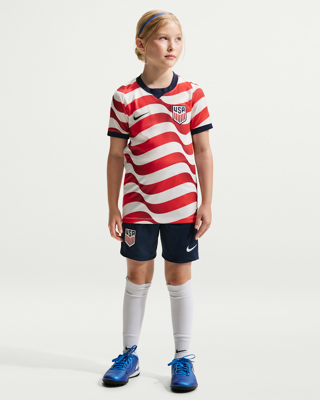 Shorts de fútbol Nike Dri-FIT Replica de la selección de fútbol masculino de Estados Unidos local 2026 Stadium para niños talla grande - Azul marino medianoche/Vela