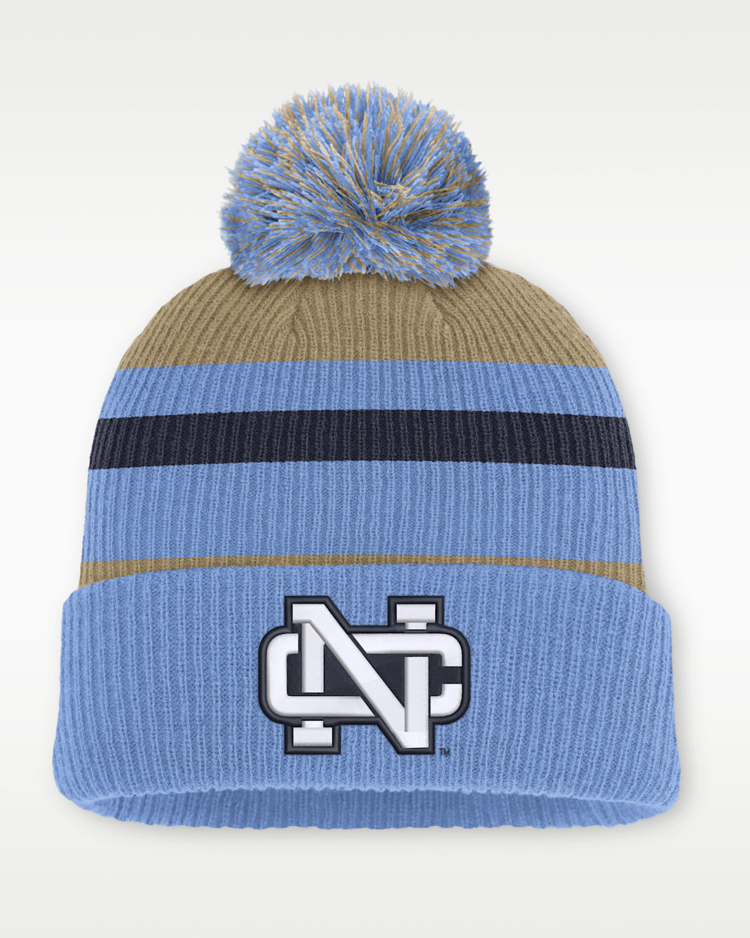 Gorro con dobladillo y pompón universitario Nike para hombre North Carolina Legacy a rayas - Classic Beige/Azul claro
