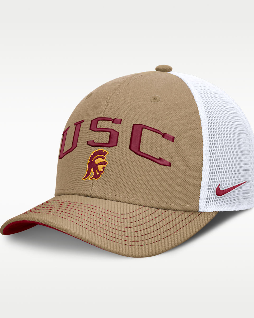 USC Primetime Arched Men's Nike Dri-FIT College Trucker Adjustable Hat - Classic Beige/Crimson
