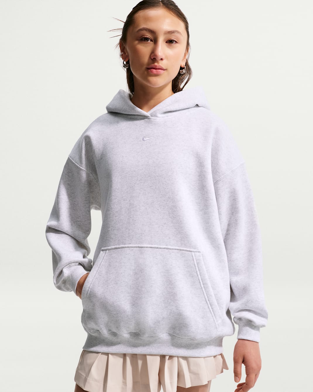 Nike Sportswear Studio Fleece Girls' Oversized Pullover Hoodie - Birch Heather/White