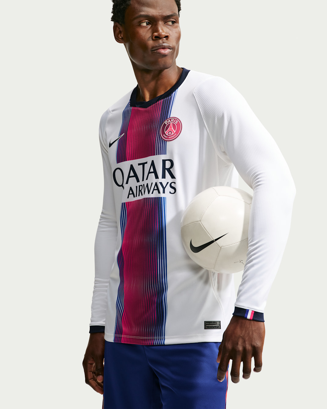 Paris Saint-Germain 2026/27 Stadium Away Men's Nike Dri-FIT Football Replica Long-Sleeve Jersey - White/College Navy/Global Red/College Navy