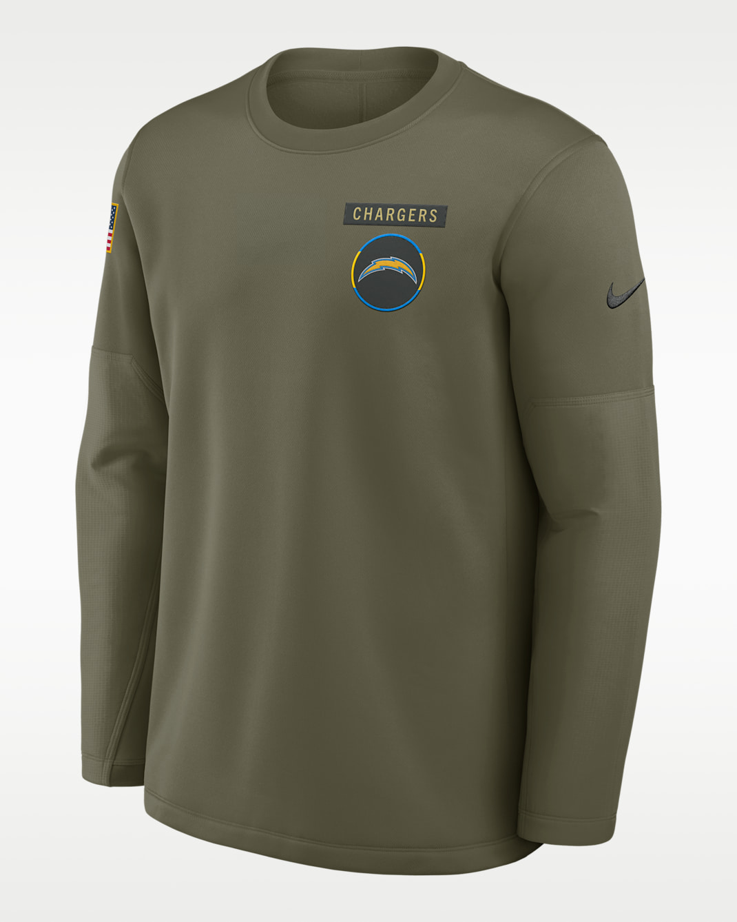Sudadera de cuello redondo sin cierre Nike de la NFL para hombre Los Angeles Chargers Salute to Service Sideline Triumphant Win Coach - Oliva medio