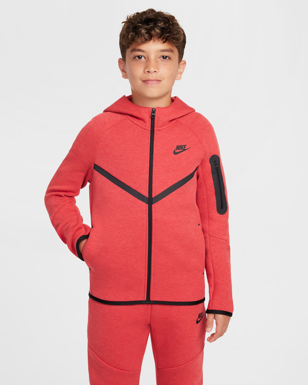 Sudadera con gorro con cierre completo para niños grandes Nike Sportswear Tech Fleece - Rojo universitario claro jaspeado/Rojo universitario claro jaspeado/Negro/Negro