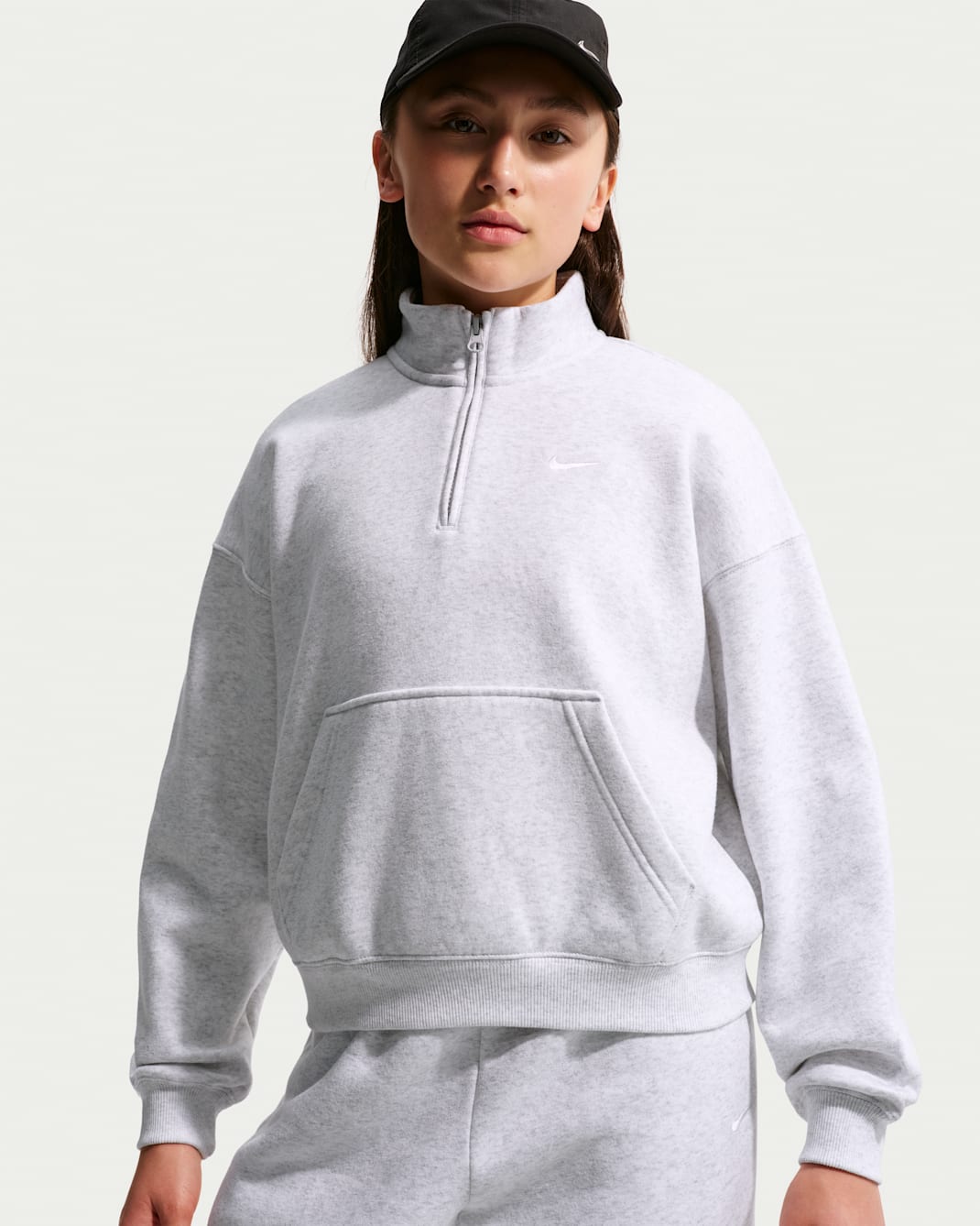 Nike Sportswear Studio Fleece Part superior oversized amb cremallera d'un quart - Nena - Birch Heather/Grey Fog/Blanc