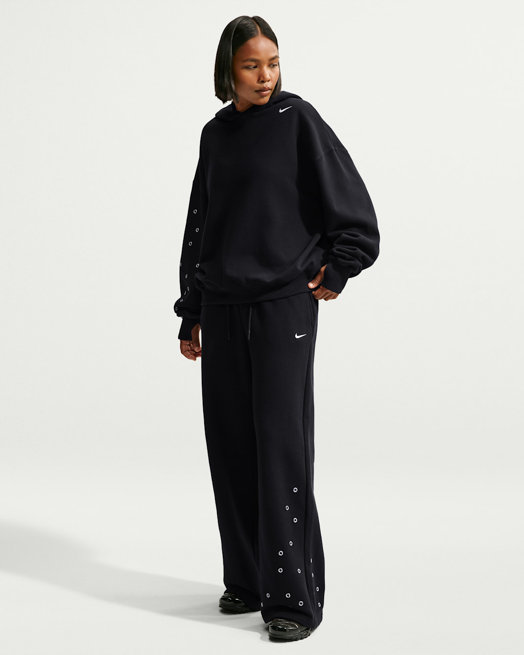 Nike Studio Fleece Medium Weight Women's Mid-Rise Wide-Leg Pants - Total Black/Sail
