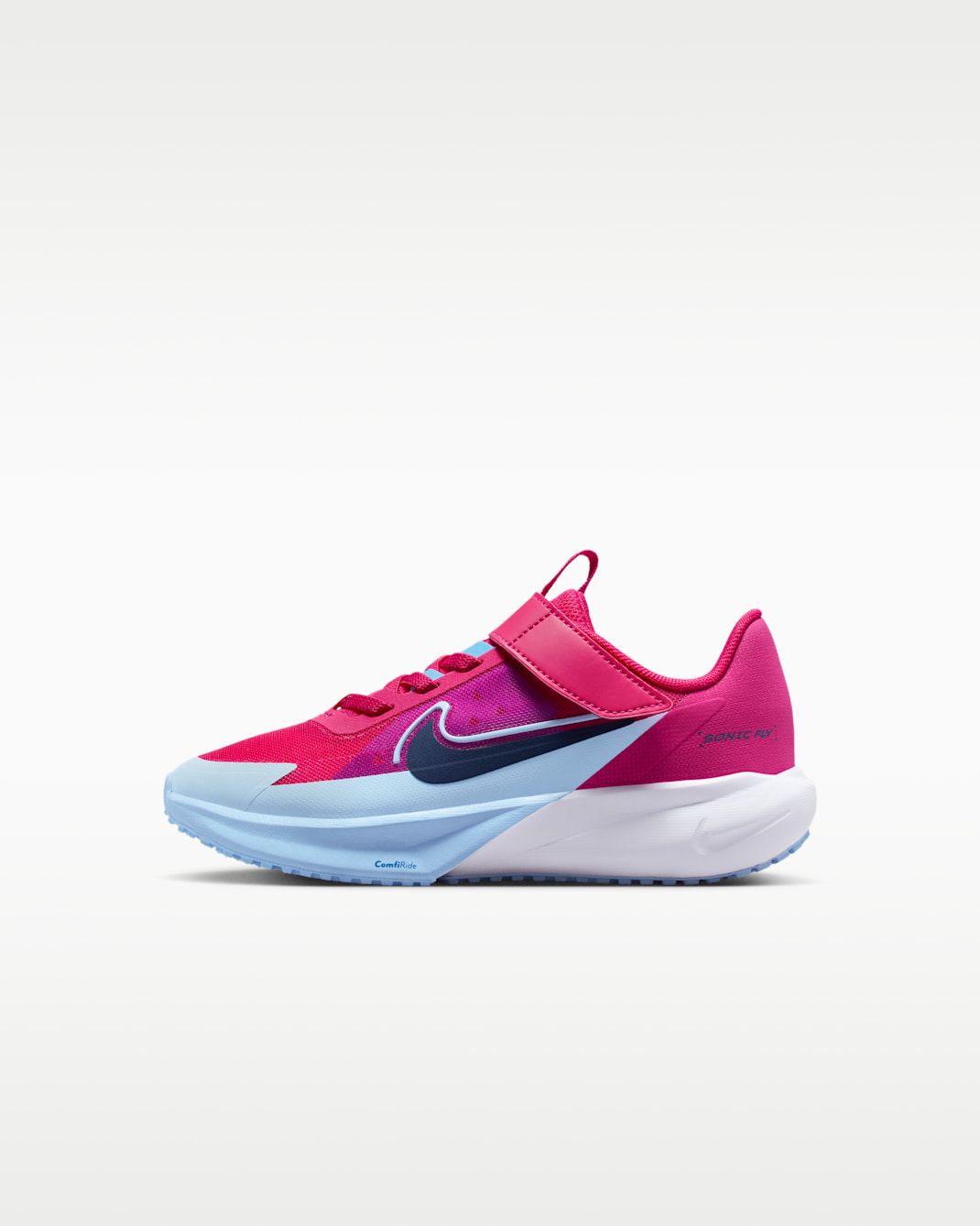 Tenis de correr para niños de preescolar Nike Sonic Fly - Rosa enérgico/Azul universitario/Aluminio/Azul vacío