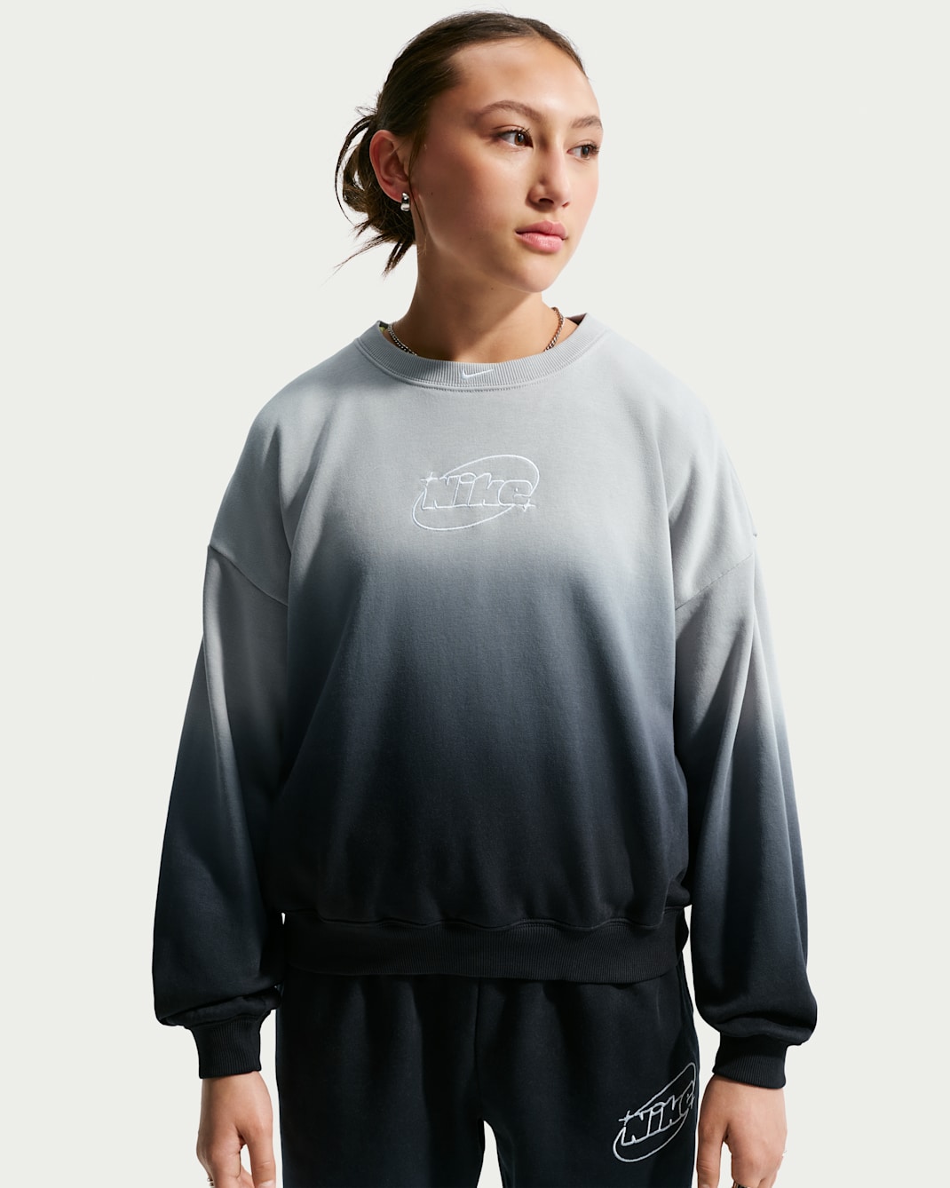 Nike Studio Fleece Lightweight Big Kids' (Girls') Oversized Graphic Crew - Light Smoke Grey/Black/White