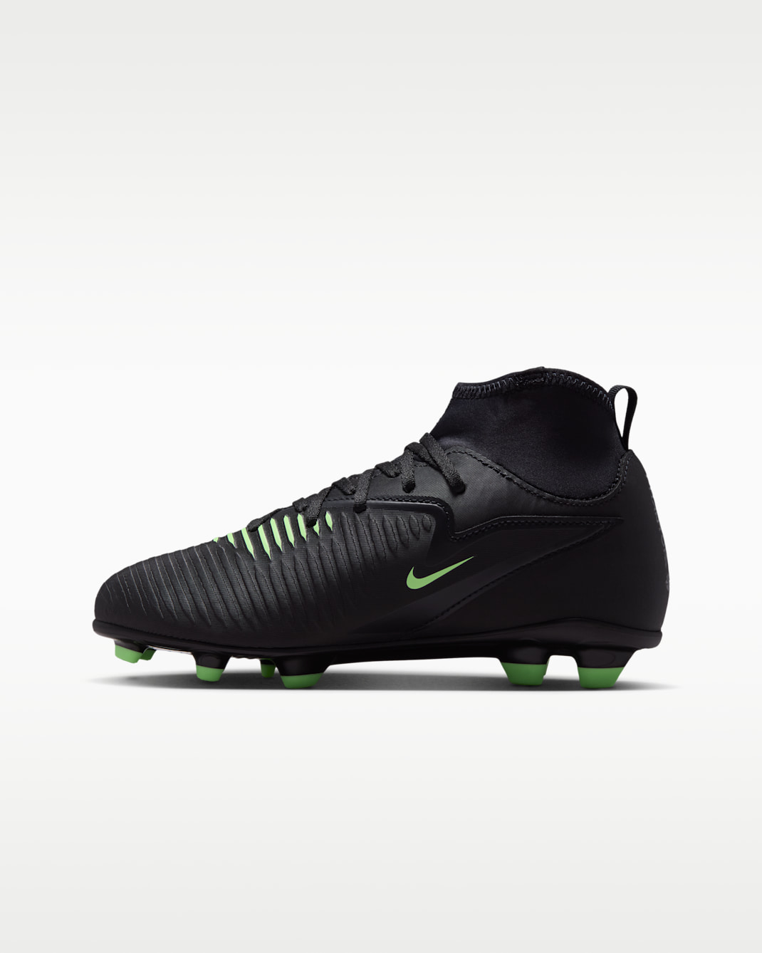 Tacos de fútbol para terrenos múltiples para niños grandes Nike Jr. Phantom 6 High Club - Negro/Negro/Verde ilusión