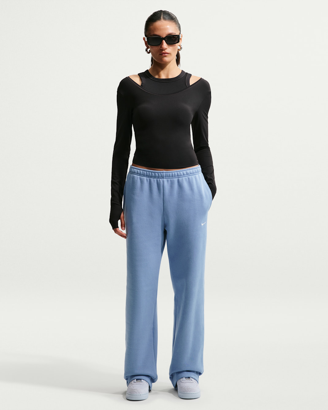 Nike Studio Fleece Medium Weight Women's Mid-Rise Open-Hem Trousers - Work Blue/Sail