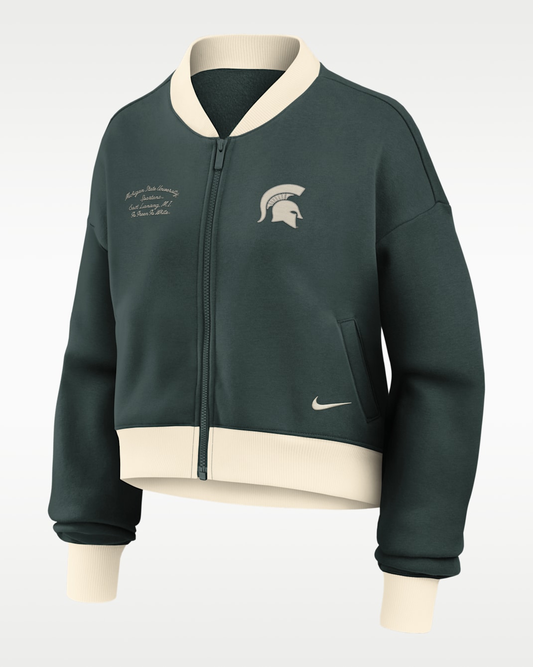 Chamarra bomber universitaria Nike oversized cropped de cierre completo para mujer Michigan State Academic - Verde/Natural